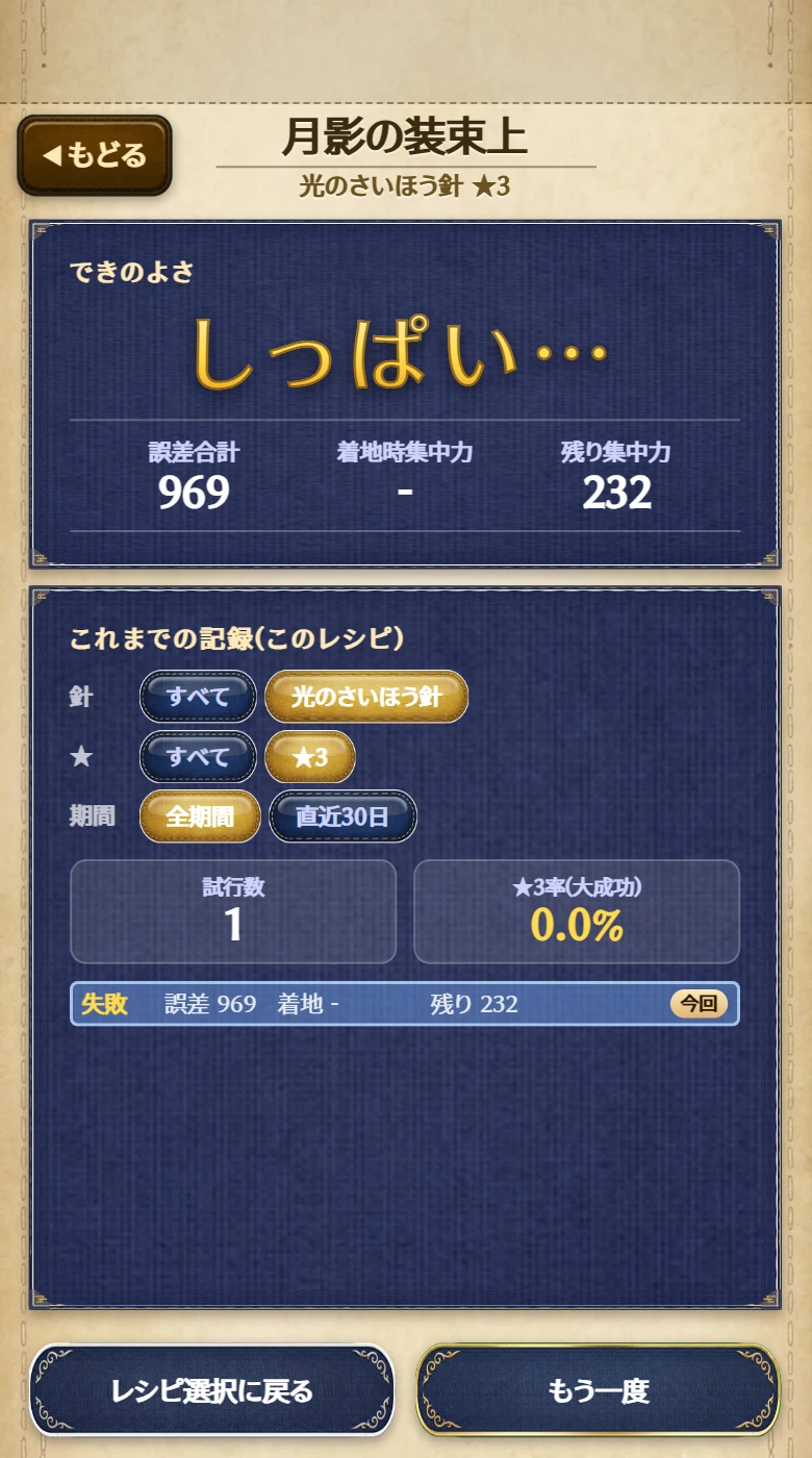 計算機の結果画面。上に今回のできのよさと誤差合計・着地時集中力・残り集中力、下にこのレシピのこれまでの記録